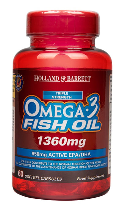 【现货包邮】荷柏瑞（Holland&Barrett）深海浓缩鱼油软胶囊多烯鱼油OMEGA-3软胶囊1360mg 60粒