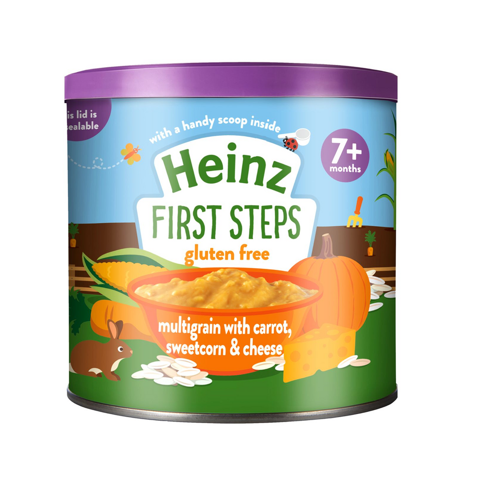【包邮包税】英国HEINZ亨氏FIRST STEPS罐装蔬菜水果味营养米糊米粉高铁高钙  7个月+  杂粮胡萝卜甜玉米奶酪  200g
